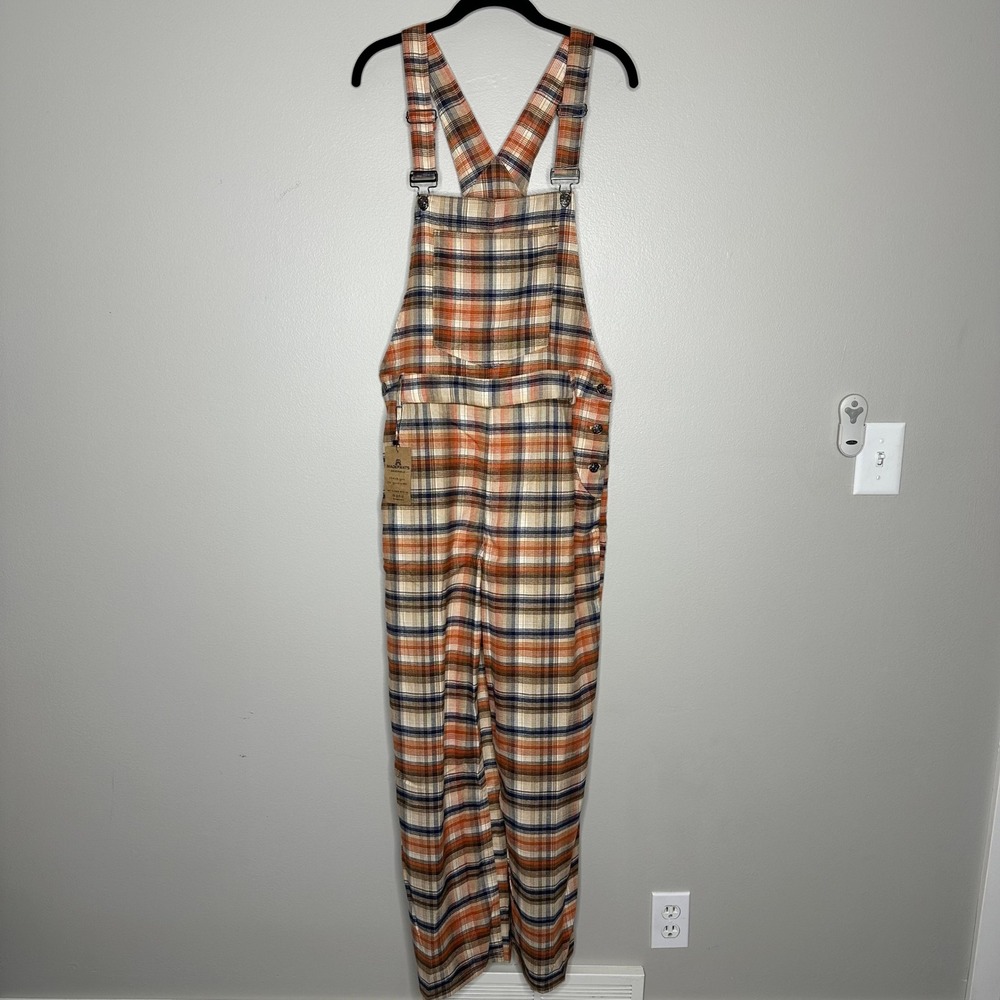 Madepants Originals Plaid Overalls Orange Cream Navy Blue Size M NWT